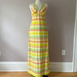 Vtg 70s Jo Jr Dallas Maxi Dress Colorful Pastel Gingham Halter Neck